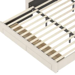 Lit Gigogne 90x190 cm - Lit Simple avec 2 Tiroirs et Étagères - LED et Ports USB Intégrés - Multifonction en Velours Beige