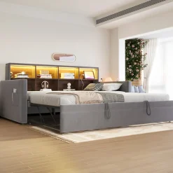 Lit Gigogne 90x190 cm - Lit Simple Capitonné avec Ports USB+Type-C, Enfant et Ado - Velours, Métal, MDF, Gris Foncé- sans Matelas