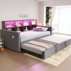Lit Gigogne 90x190 cm - Lit Simple Capitonné avec Ports USB+Type-C, Enfant et Ado - Velours, Métal, MDF, Gris Foncé- sans Matelas
