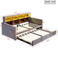 Lit Gigogne 90x190 cm - Lit Simple Capitonné avec Ports USB+Type-C, Enfant et Ado - Velours, Métal, MDF, Gris Foncé- sans Matelas