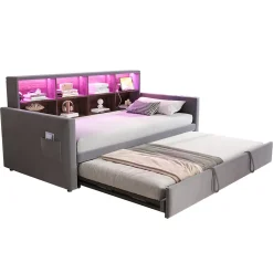 Lit Gigogne 90x190 cm - Lit Simple Capitonné avec Ports USB+Type-C, Enfant et Ado - Velours, Métal, MDF, Gris Foncé- sans Matelas