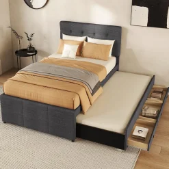 Lit Gigogne 90x200 cm - Lit Simple avec 3 Tiroirs de Rangement et Tête de Lit Réglable, Rembourré en Tissu Lin, sans Matelas, Gris