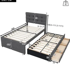 Lit Gigogne 90x200 cm - Lit Simple avec 3 Tiroirs de Rangement et Tête de Lit Réglable, Rembourré en Tissu Lin, sans Matelas, Gris