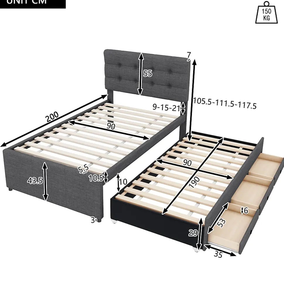 Lit Gigogne 90x200 cm - Lit Simple avec 3 Tiroirs de Rangement et Tête de Lit Réglable, Rembourré en Tissu Lin, sans Matelas, Gris