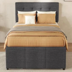 Lit Gigogne 90x200 cm - Lit Simple avec 3 Tiroirs de Rangement et Tête de Lit Réglable, Rembourré en Tissu Lin, sans Matelas, Gris