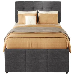 Lit Gigogne 90x200 cm - Lit Simple avec 3 Tiroirs de Rangement et Tête de Lit Réglable, Rembourré en Tissu Lin, sans Matelas, Gris