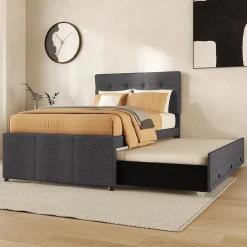 Lit Gigogne 90x200 cm - Lit Simple avec 3 Tiroirs de Rangement et Tête de Lit Réglable, Rembourré en Tissu Lin, sans Matelas, Gris