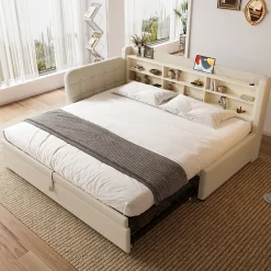 Lit Gigogne 90x200 cm - Lit Simple avec Rangement et Lit Gigogne Intégré, Ports USB et Type-C, Lin Beige