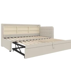 Lit Gigogne 90x200 cm - Lit Simple avec Rangement et Lit Gigogne Intégré, Ports USB et Type-C, Lin Beige