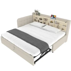 Lit Gigogne 90x200 cm - Lit Simple avec Rangement et Lit Gigogne Intégré, Ports USB et Type-C, Lin Beige