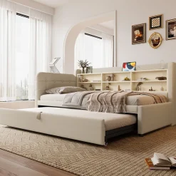 Lit Gigogne 90x200 cm - Lit Simple avec Rangement et Lit Gigogne Intégré, Ports USB et Type-C, Lin Beige