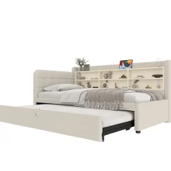 Lit Gigogne 90x200 cm - Lit Simple avec Rangement et Lit Gigogne Intégré, Ports USB et Type-C, Lin Beige