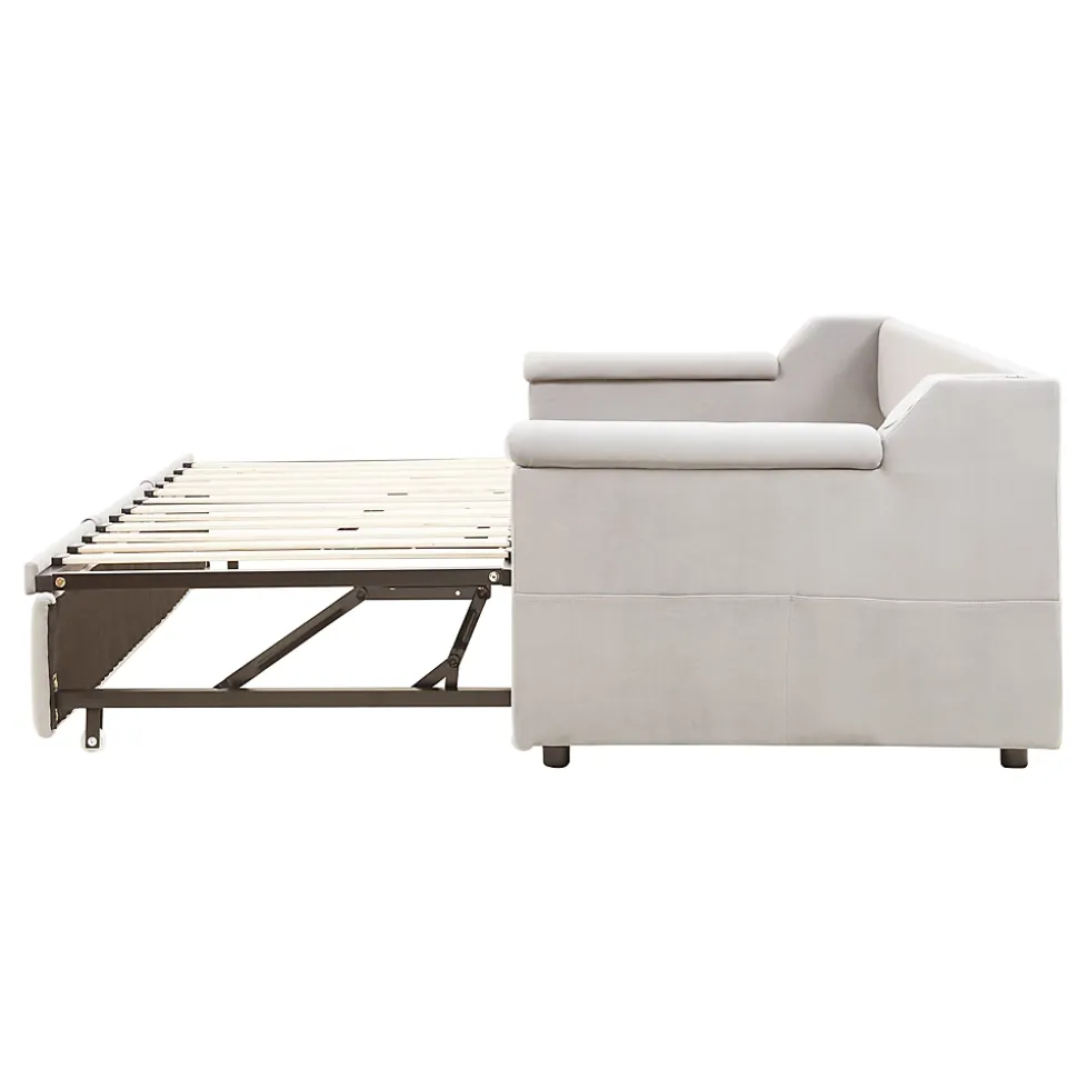 Lit Gigogne 90/180x190 cm - Lit Simple avec Rangement et Accoudoirs Larges, Système Bluetooth USB, Velours Beige