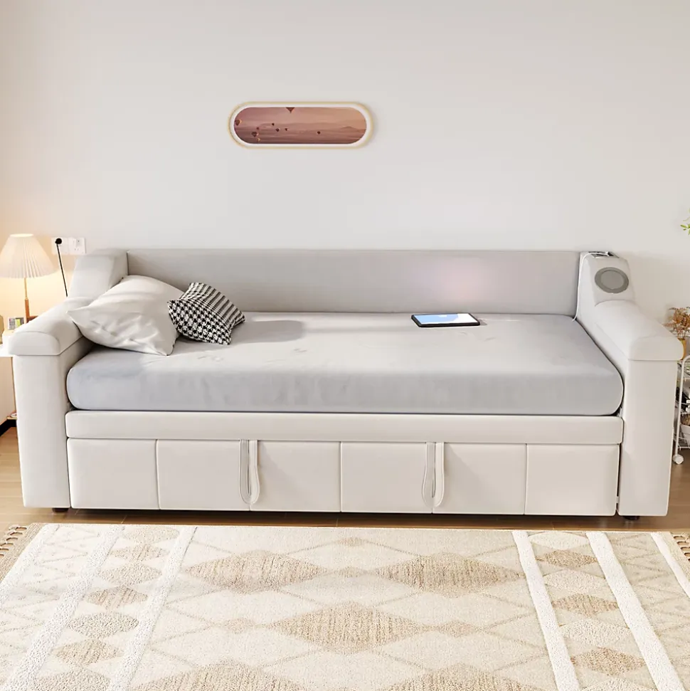 Lit Gigogne 90/180x190 cm - Lit Simple avec Rangement et Accoudoirs Larges, Système Bluetooth USB, Velours Beige