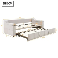 Lit Gigogne 90/180x190 cm - Lit Simple avec Rangement et Accoudoirs Larges, Système Bluetooth USB, Velours Beige