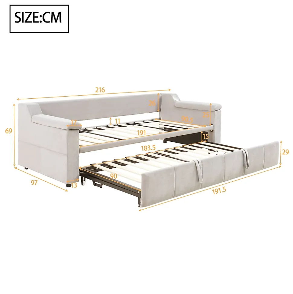 Lit Gigogne 90/180x190 cm - Lit Simple avec Rangement et Accoudoirs Larges, Système Bluetooth USB, Velours Beige