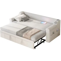 Lit Gigogne 90/180x190 cm - Lit Simple avec Rangement et Accoudoirs Larges, Système Bluetooth USB, Velours Beige