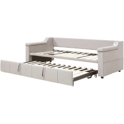 Lit Gigogne 90/180x190 cm - Lit Simple avec Rangement et Accoudoirs Larges, Système Bluetooth USB, Velours Beige