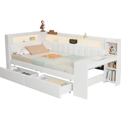 Lit gigogne 90x200 cm - Lit simple avec port USB et bande LED - Bois - Sans matelas - Blanc