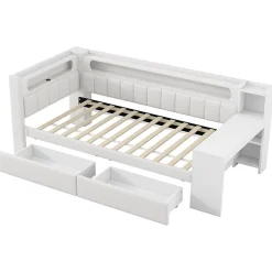 Lit gigogne 90x200 cm - Lit simple avec port USB et bande LED - Bois - Sans matelas - Blanc