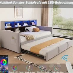 Lit Gigogne 90x190 cm - Lit Simple Capitonné avec Ports USB+Type-C, Enfant et Ado - Velours, Métal, MDF, Gris Clair - sans Matelas