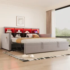 Lit Gigogne 90x190 cm - Lit Simple Capitonné avec Ports USB+Type-C, Enfant et Ado - Velours, Métal, MDF, Gris Clair - sans Matelas