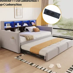 Lit Gigogne 90x190 cm - Lit Simple Capitonné avec Ports USB+Type-C, Enfant et Ado - Velours, Métal, MDF, Gris Clair - sans Matelas