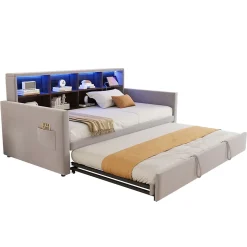 Lit Gigogne 90x190 cm - Lit Simple Capitonné avec Ports USB+Type-C, Enfant et Ado - Velours, Métal, MDF, Gris Clair - sans Matelas