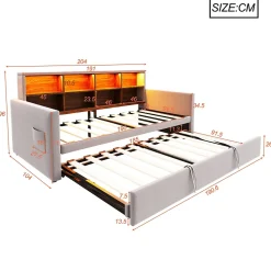 Lit Gigogne 90x190 cm - Lit Simple Capitonné avec Ports USB+Type-C, Enfant et Ado - Velours, Métal, MDF, Gris Clair - sans Matelas