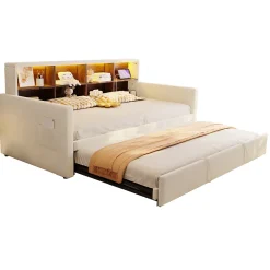 Lit Gigogne 90x190 cm - Lit Simple Capitonné avec Ports USB+Type-C pour Enfant et Ado - Velours, Métal, MDF, Beige - sans Matelas