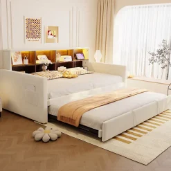 Lit Gigogne 90x190 cm - Lit Simple Capitonné avec Ports USB+Type-C pour Enfant et Ado - Velours, Métal, MDF, Beige - sans Matelas