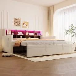 Lit Gigogne 90x190 cm - Lit Simple Capitonné avec Ports USB+Type-C pour Enfant et Ado - Velours, Métal, MDF, Beige - sans Matelas