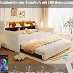 Lit Gigogne 90x190 cm - Lit Simple Capitonné avec Ports USB+Type-C pour Enfant et Ado - Velours, Métal, MDF, Beige - sans Matelas