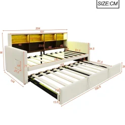 Lit Gigogne 90x190 cm - Lit Simple Capitonné avec Ports USB+Type-C pour Enfant et Ado - Velours, Métal, MDF, Beige - sans Matelas