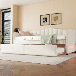 Lit gigogne 90x200 cm - Lit simple avec lit tiroir et sommier à lattes - Lin + MDF - Sans matelas - Beige