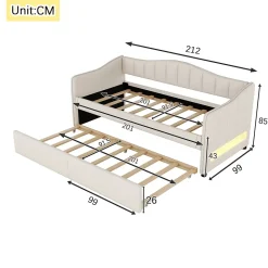 Lit gigogne 90x200 cm - Lit simple avec lit tiroir et sommier à lattes - Lin + MDF - Sans matelas - Beige