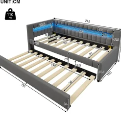 Lit Gigogne 90x200 cm - Lit Simple avec Sommier Coulissant, Éclairage LED et Ports USB Type-C, Lin et MDF, sans Matelas, Gris