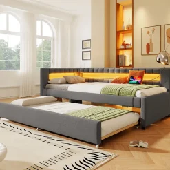 Lit Gigogne 90x200 cm - Lit Simple avec Sommier Coulissant, Éclairage LED et Ports USB Type-C, Lin et MDF, sans Matelas, Gris