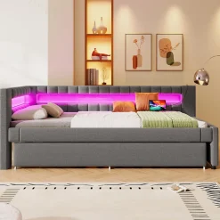 Lit Gigogne 90x200 cm - Lit Simple avec Sommier Coulissant, Éclairage LED et Ports USB Type-C, Lin et MDF, sans Matelas, Gris