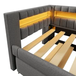 Lit Gigogne 90x200 cm - Lit Simple avec Sommier Coulissant, Éclairage LED et Ports USB Type-C, Lin et MDF, sans Matelas, Gris