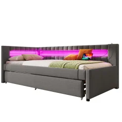 Lit Gigogne 90x200 cm - Lit Simple avec Sommier Coulissant, Éclairage LED et Ports USB Type-C, Lin et MDF, sans Matelas, Gris
