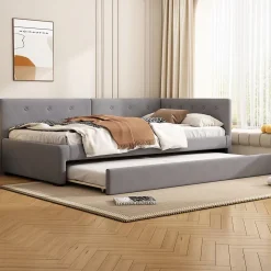 Lit Gigogne 90x200 cm - Lit Simple 1 Place avec Couchage Secondaire, sans Matelas, en Velours, Gris