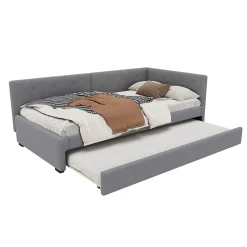 Lit Gigogne 90x200 cm - Lit Simple 1 Place avec Couchage Secondaire, sans Matelas, en Velours, Gris