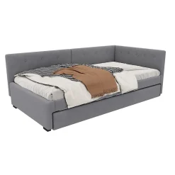 Lit Gigogne 90x200 cm - Lit Simple 1 Place avec Couchage Secondaire, sans Matelas, en Velours, Gris