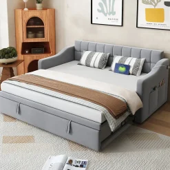 Lit Gigogne 90/180x190 cm - Lit Simple avec Lit Tiroir, Ports USB et Poche de Rangement, Sans Matelas - Velours Gris Clair