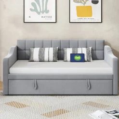 Lit Gigogne 90/180x190 cm - Lit Simple avec Lit Tiroir, Ports USB et Poche de Rangement, Sans Matelas - Velours Gris Clair