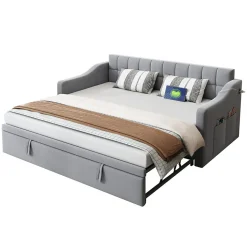 Lit Gigogne 90/180x190 cm - Lit Simple avec Lit Tiroir, Ports USB et Poche de Rangement, Sans Matelas - Velours Gris Clair