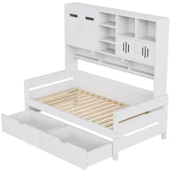 Lit Gigogne 90x200 cm - Lit Simple avec Deux Tiroirs de Rangement - Bois - Blanc - Sans Matelas