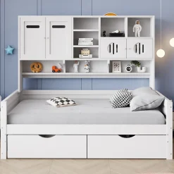 Lit Gigogne 90x200 cm - Lit Simple avec Deux Tiroirs de Rangement - Bois - Blanc - Sans Matelas