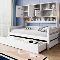 Lit Gigogne 90x200 cm - Lit Simple avec Deux Tiroirs de Rangement - Bois - Blanc - Sans Matelas